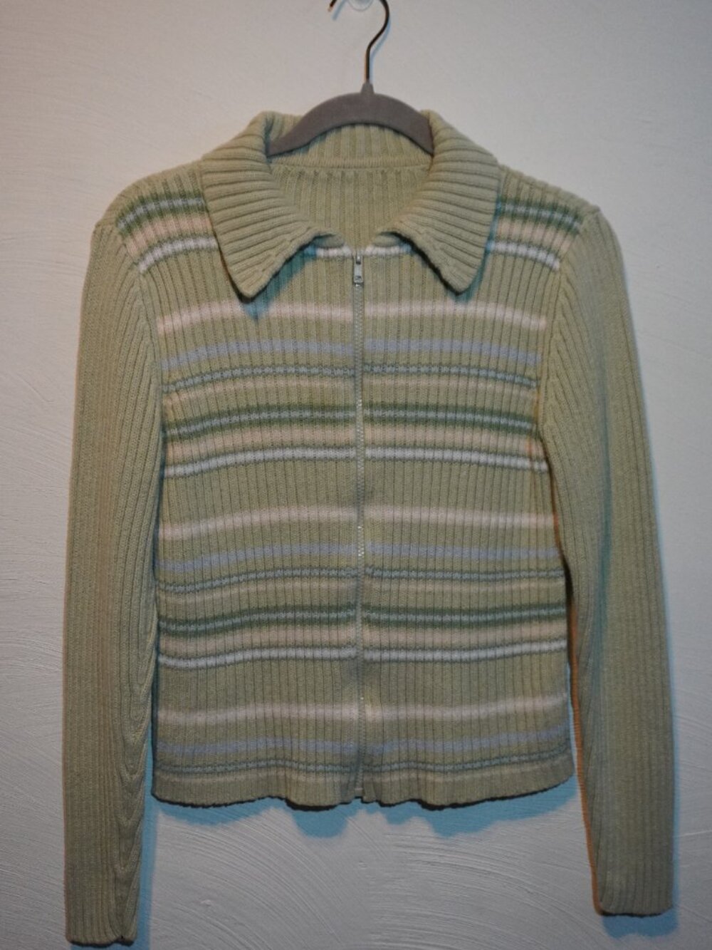 Vintage Cherokee Ribbed Zip Green Striped Sweater Size Large